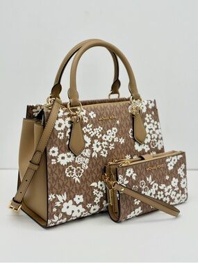 Michael Kors Navy and White Floral Satchel Crossbody and Wallet Set